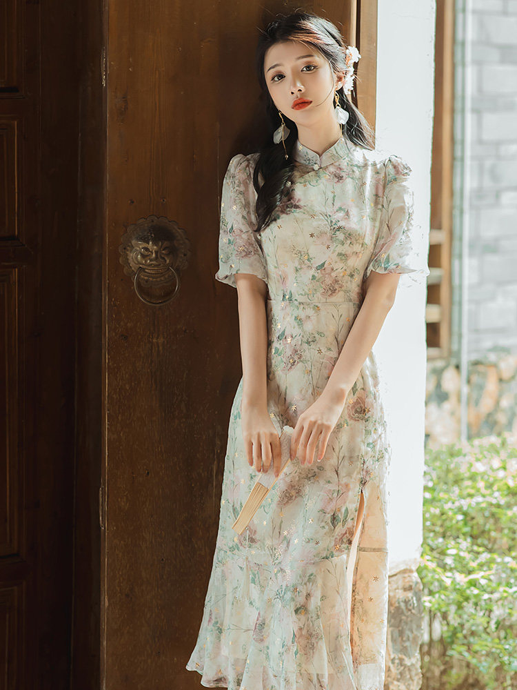 复古中国风气质开叉碎花连衣裙女夏季新款温柔风法式小众旗袍8006