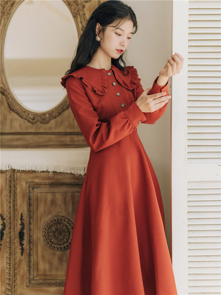 秋冬装2019年新款法式复古娃娃领连衣裙女小个子收腰显瘦气质裙子