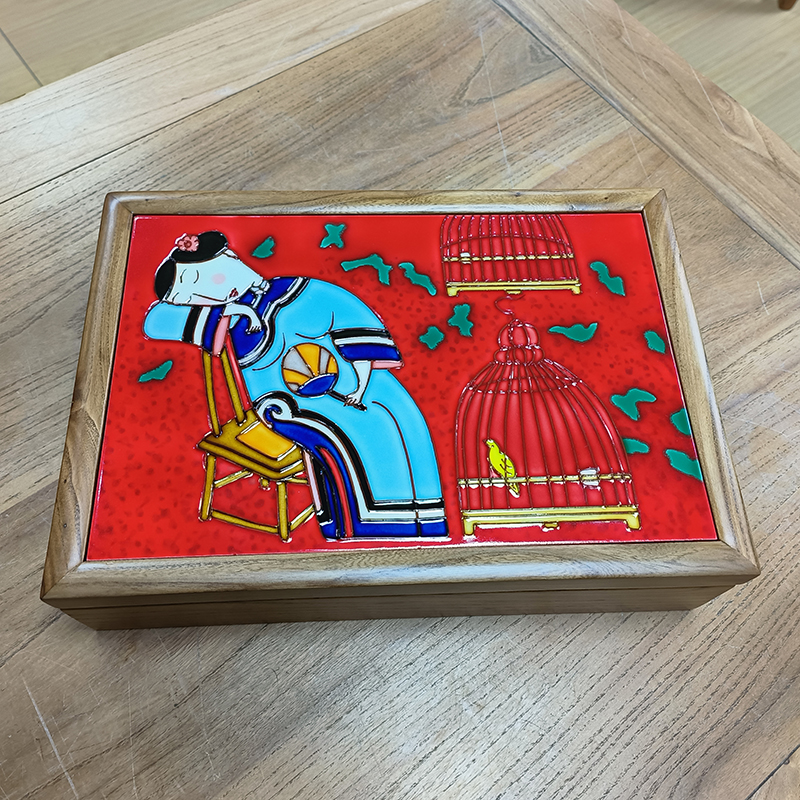 手绘三彩创意立体瓷板画果盒带盖带盖老榆木钥匙盒零食糖果坚果首