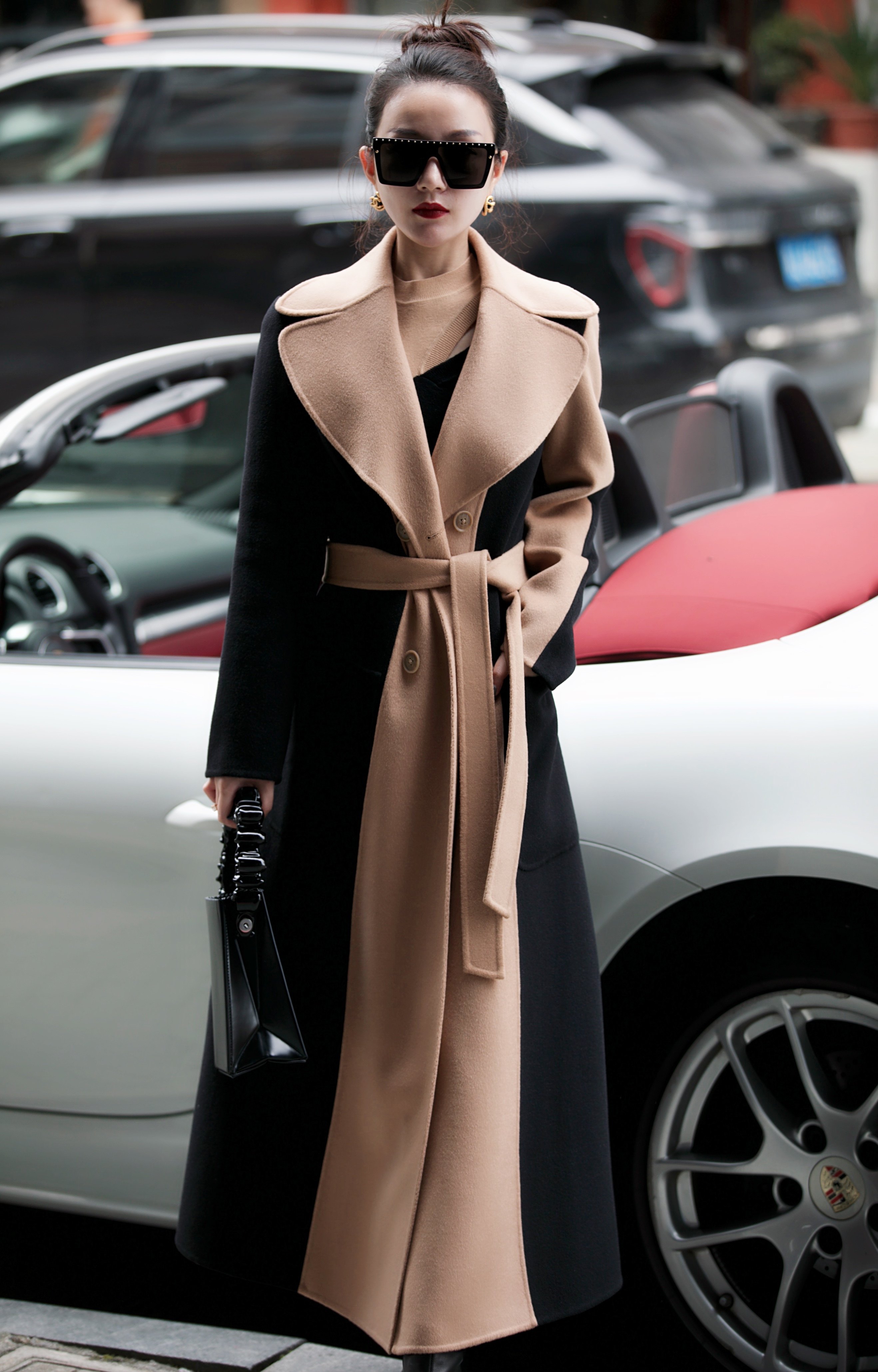 涩谷yiyi易一设计师品牌2020秋冬新款黑驼拼色长款羊绒大衣 - 涩谷