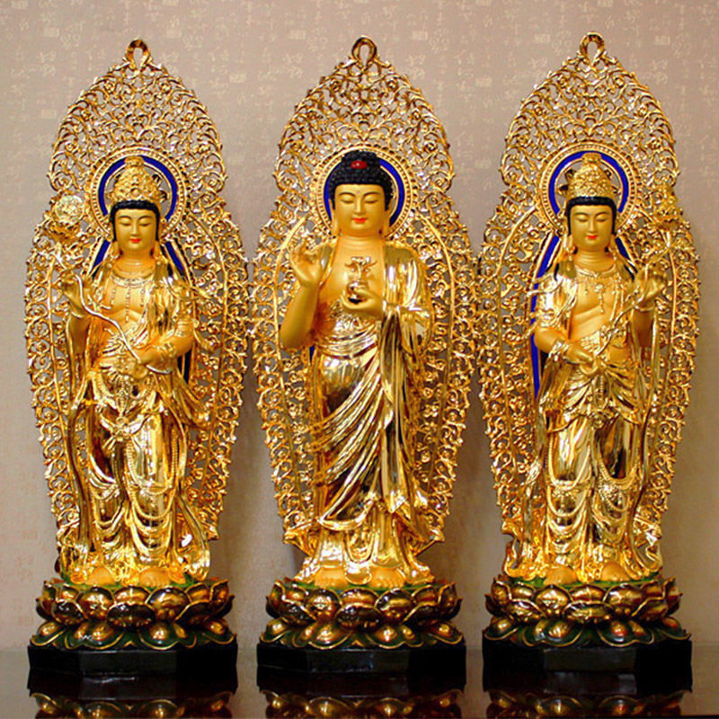 圆通佛具西方三圣纯铜台湾手工贴金阿弥陀佛观音佛像大势摆件
