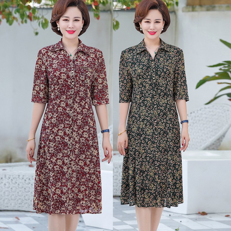 中年女妈妈中袖连衣裙洋气中长款2019新款夏季中老年人碎花长裙子