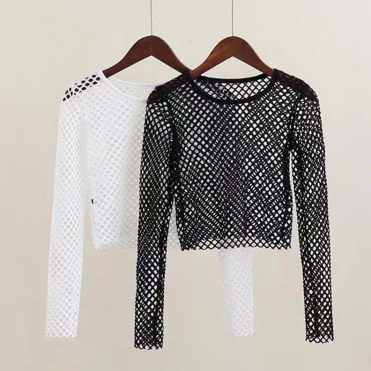 健身渔网镂空t恤背心透明上衣性感网格超短款网眼露脐高腰罩衫