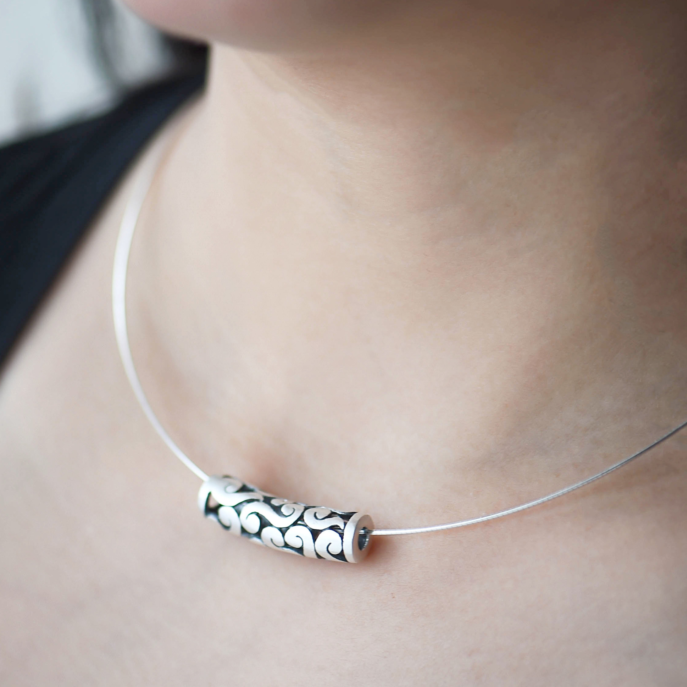 s925纯银情侣项圈锁骨项链花纹管挂坠复古祥云皮绳转运男女吊坠子