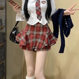 韩系学院风jk制服卡色格子半身裙套装女秋冬季褶皱束腰上衣两件套