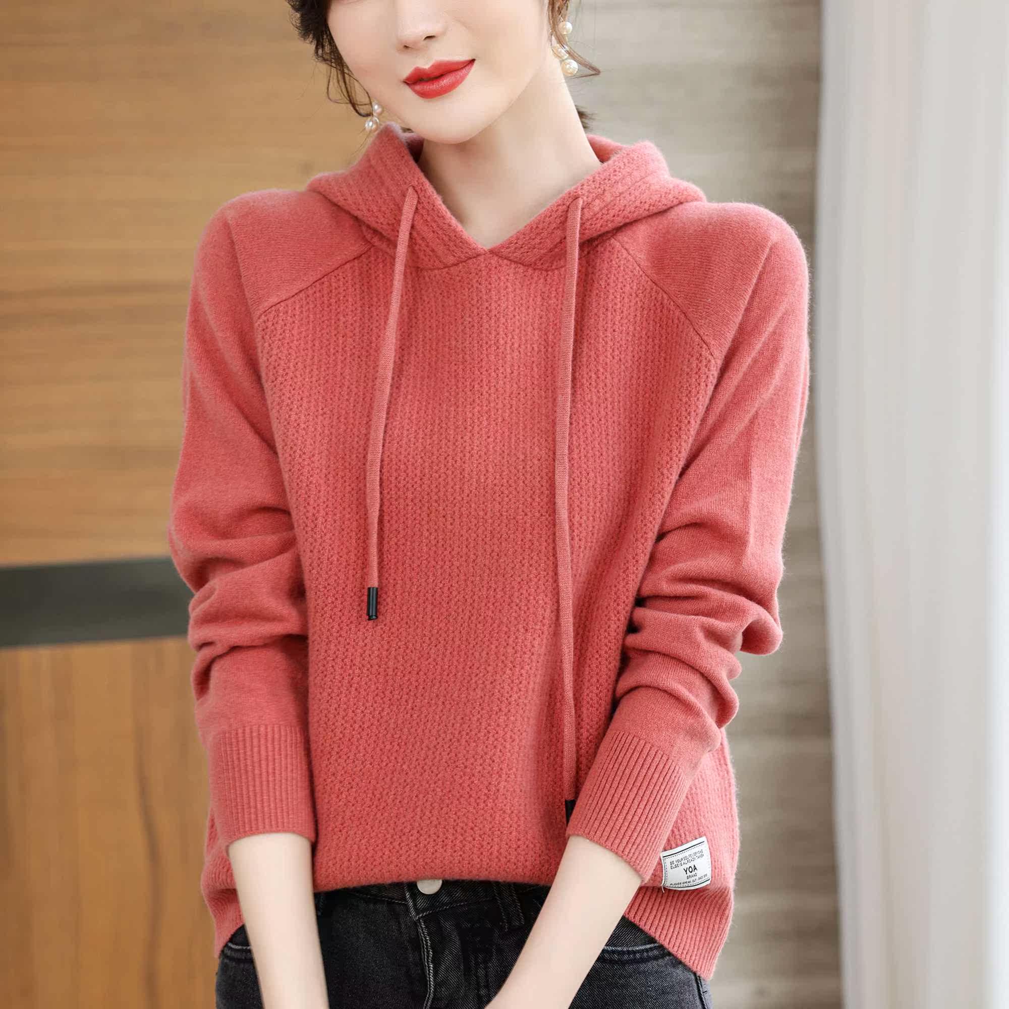 100纯羊毛衫女连帽卫衣秋冬新款慵懒风宽松毛衣针织衫外穿上衣