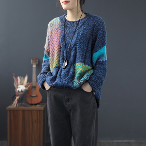彩线拼色麻花图案毛衣百搭圆领针织撞色毛衣落肩袖大码套装针织衫