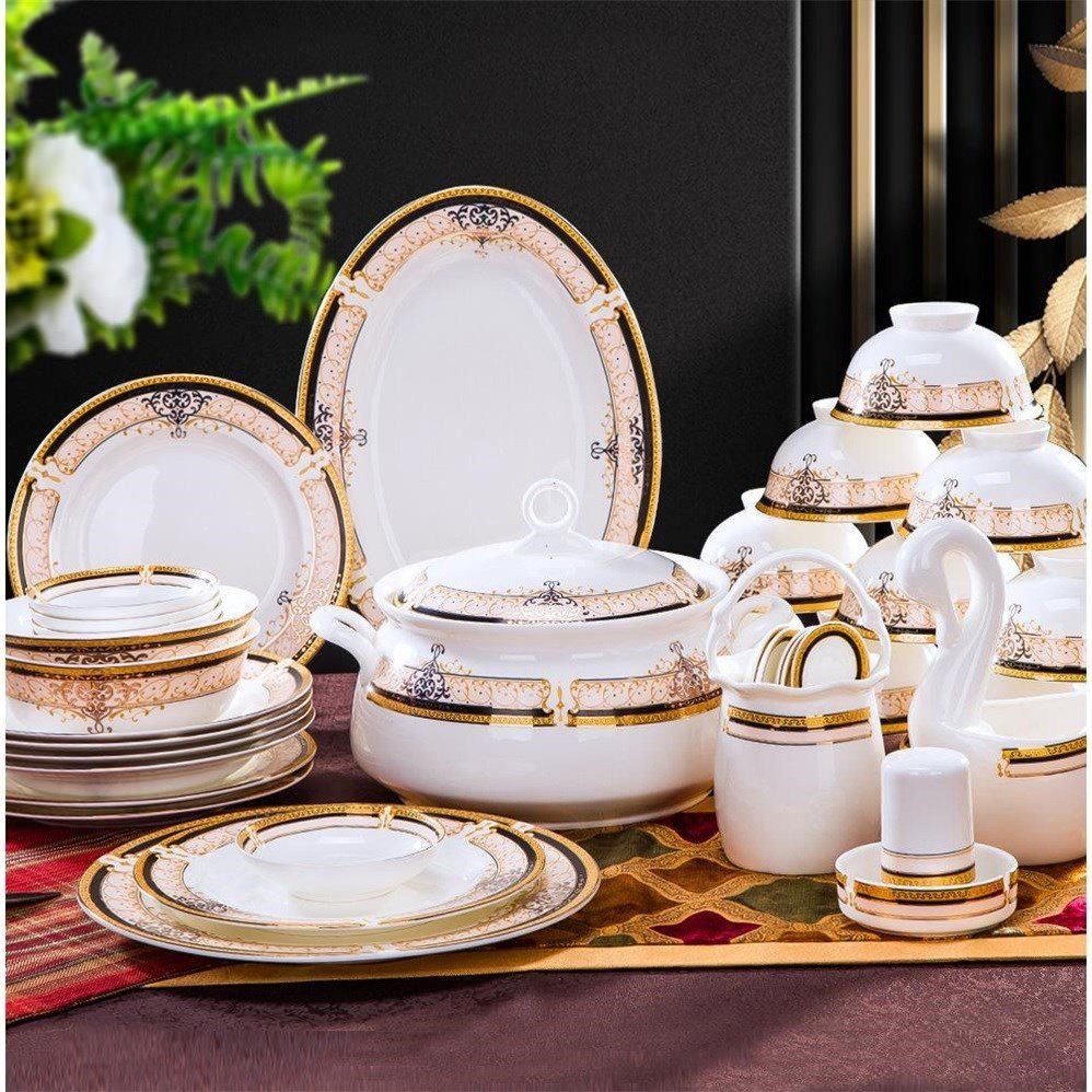 餐具套装28头56头金色维也纳景德镇陶瓷餐具欧式金边碗盘碗碟套装