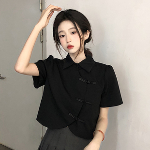 新中式女装轻国风盘扣上衣短袖黑色衬衫小个子夏汉服唐装旗袍小衫