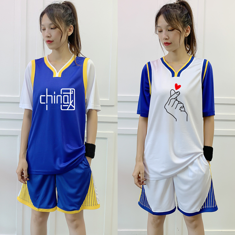 篮球服女假两件套装宽松大学生训练比赛运动服定制班服短袖篮球衣