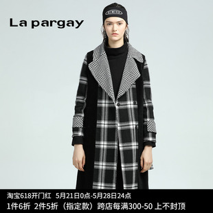 Lapargay纳帕佳2023新款女装冬季黑白色格子大衣中长款毛呢外套