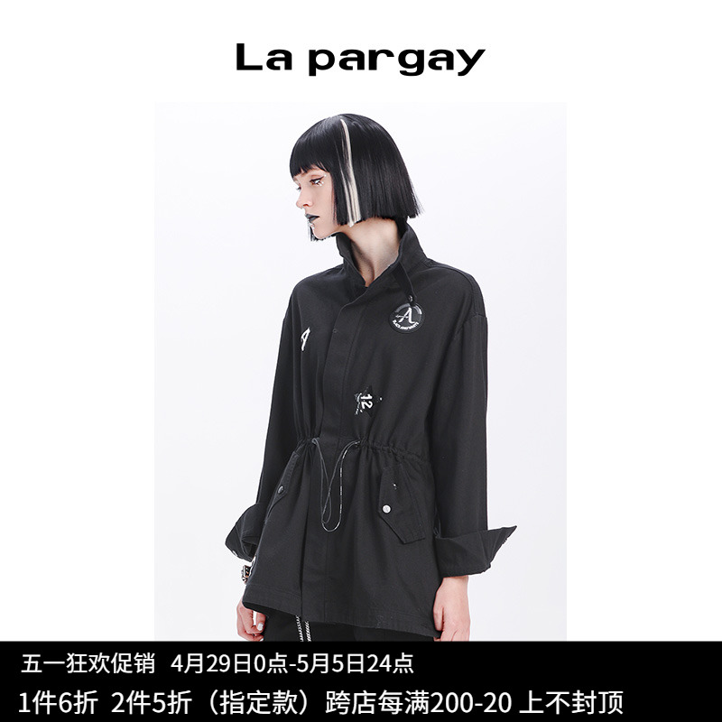 Lapargay纳帕佳2023新款女装黑色上衣个性时尚休闲中长款牛仔外套