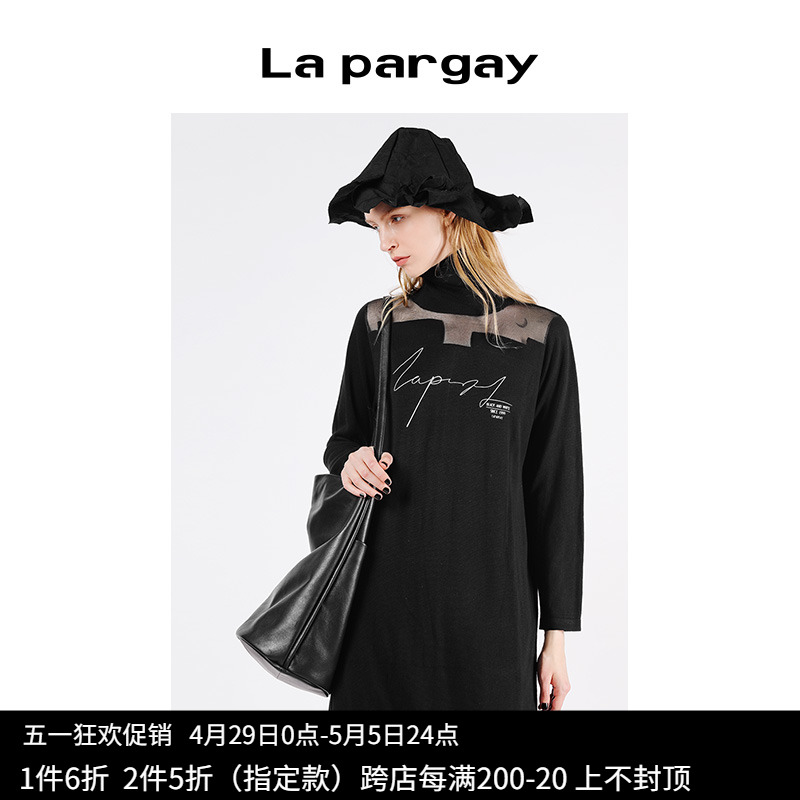 Lapargay纳帕佳2023新款女装黑色裙子个性时尚气质长袖高领连衣裙