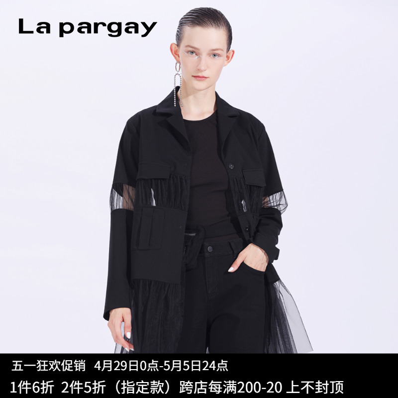 Lapargay纳帕佳2023新款女式黑色帅气网纱拼接休闲西装长袖短外套