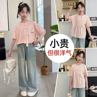 女童夏季短袖T恤新中式大女孩儿童洋气国风纯棉夏装潮P上衣服8岁9