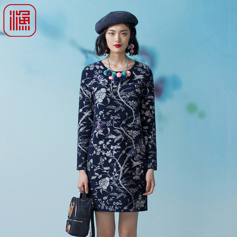 渔牌女装2019新款潮连衣裙女秋冬加厚弹力针织提花连衣裙气质修身