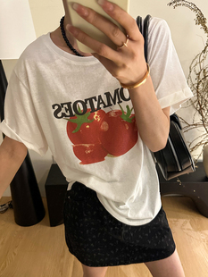 番茄印花图案短袖T恤女欧洲站夏装2024新款欧货女装韩版打底衫潮
