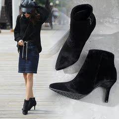 2016冬季黑色真皮马毛短靴尖头高跟小细跟百搭鞋女加绒短筒马丁靴