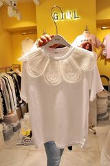韩版新款夏季体恤花边圆领纯色上衣女装套头短袖百搭T恤衫潮
