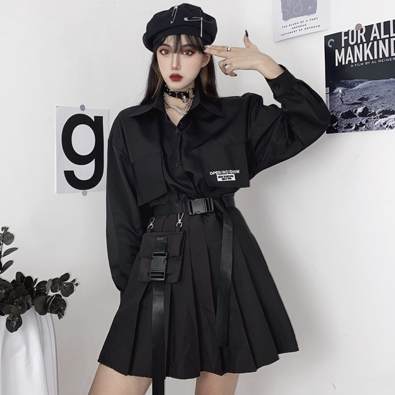 酷女孩穿搭春秋学生超a套装甜酷装黑暗系工装百褶裙搭衬衫两件套