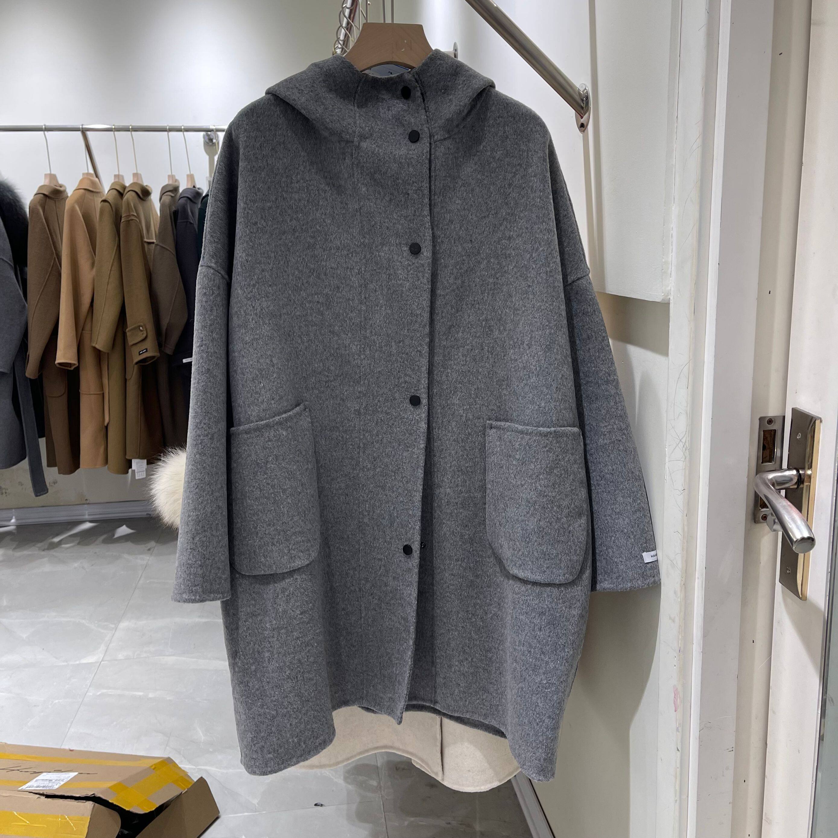 连帽廓形双面羊绒大衣女春季新款中长款灰色斗篷式小个子毛呢外套