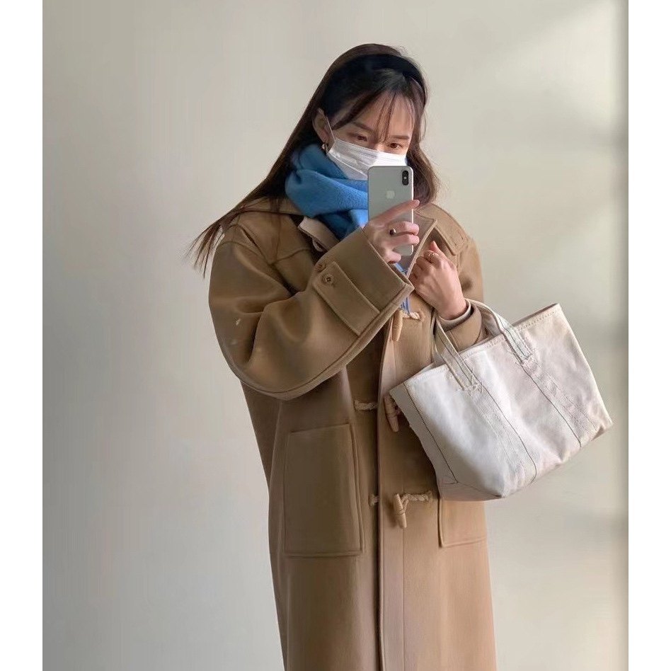 韩国正品lerobe羊毛牛角扣连帽长款大衣外套女