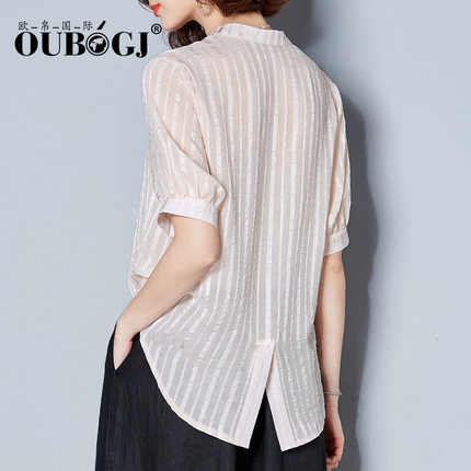 OUBOGJ雪纺衫女夏2018新款短袖宽松遮肚子显瘦上衣条纹衬衫女洋气