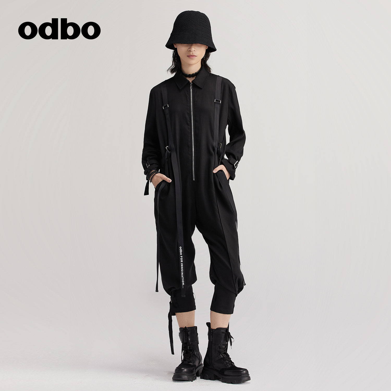 odbo/欧迪比欧原创设计工装风时尚连体裤女夏装新款七分裤子