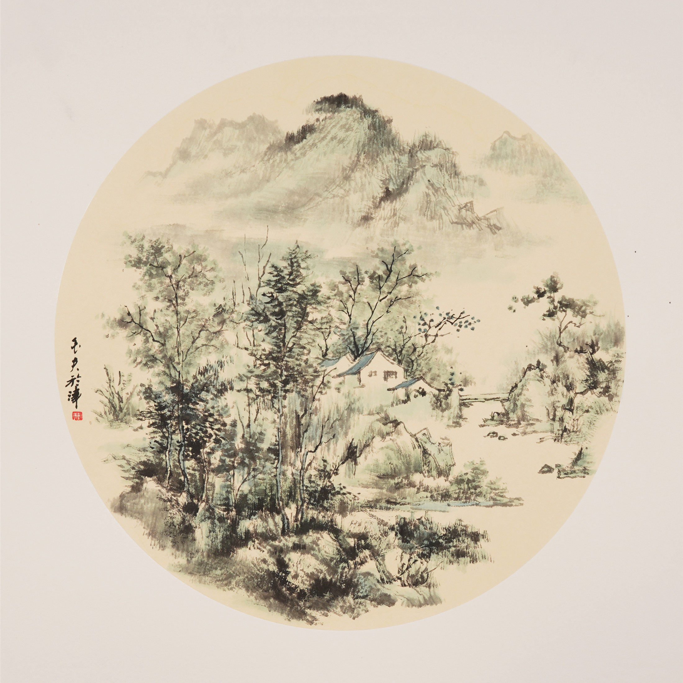 三尺斗方山水已裱卡纸水墨画中式客厅办公室挂画石玉夫真迹00011