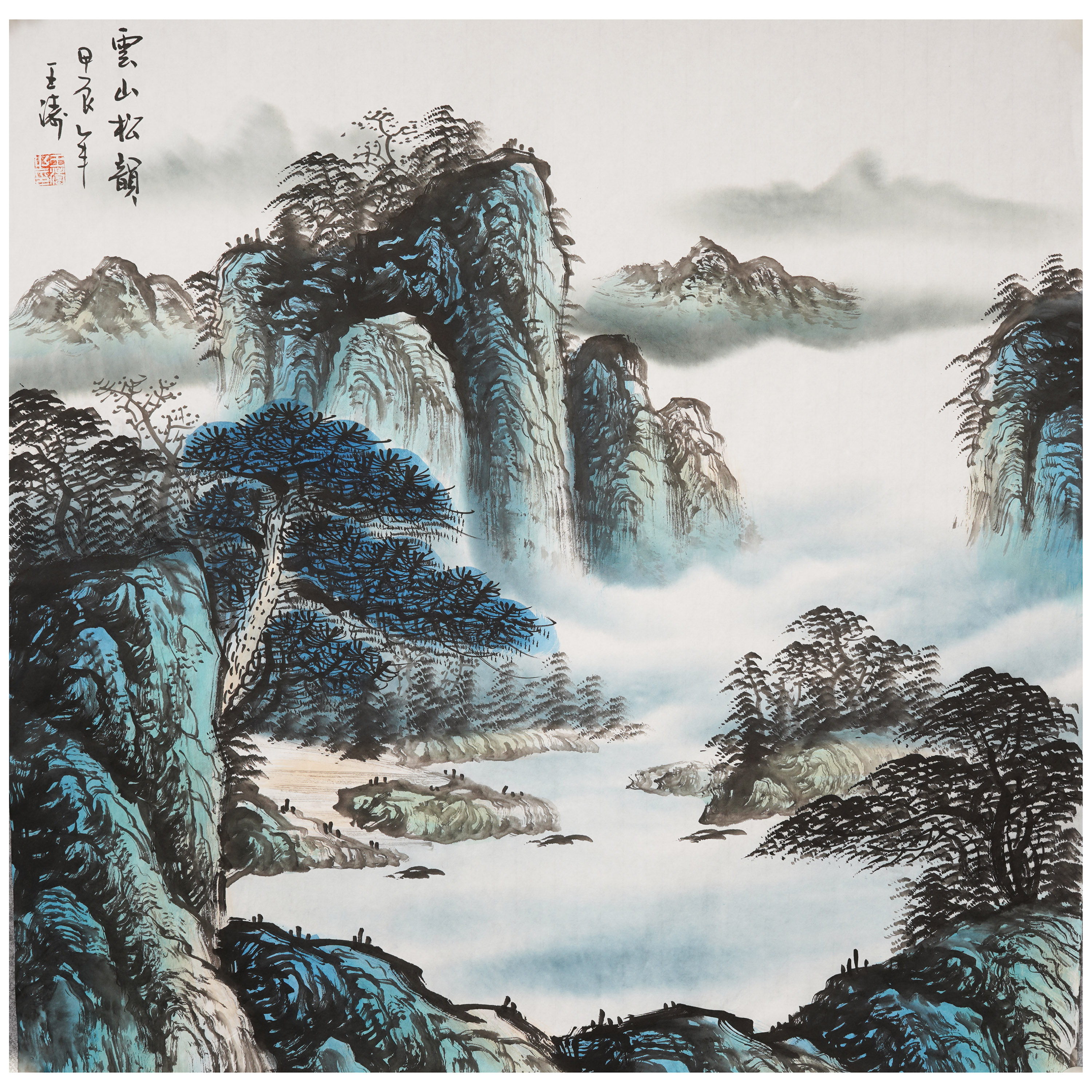 纯手绘斗方山水画手工玄关客厅装饰画聚宝盆泼彩青绿国画中式挂画