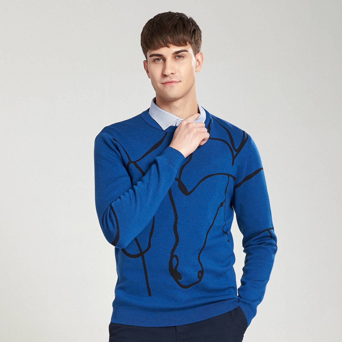 boni堡尼男士羊毛针织衫中青年湖蓝商务休闲羊毛衫线条男装上衣