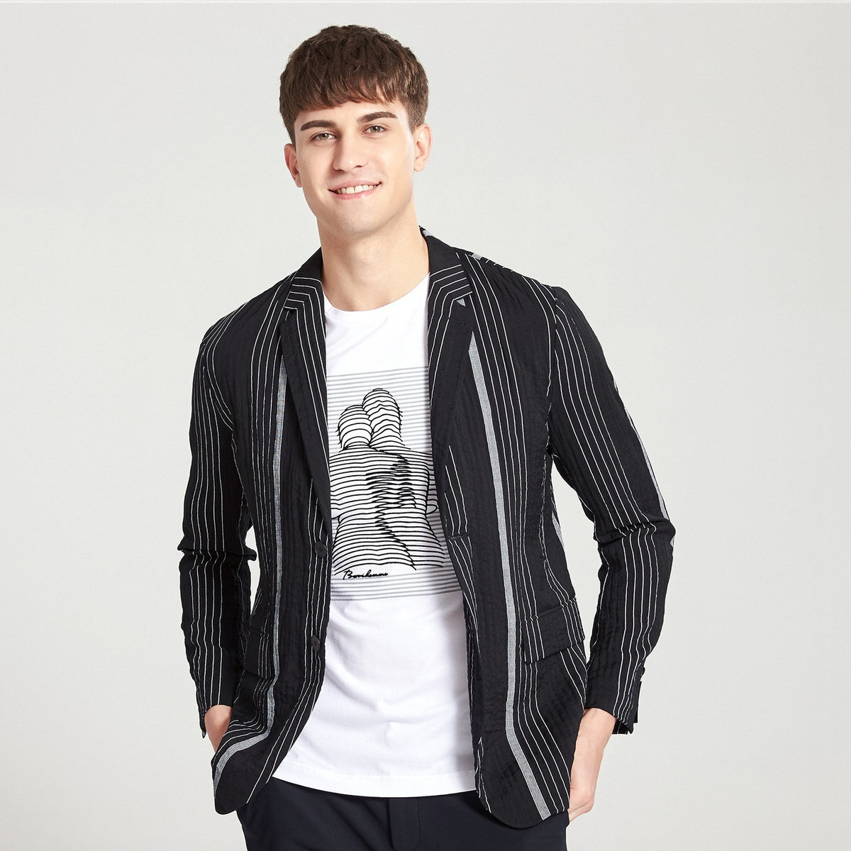 boni堡尼男士正装西服休闲上衣薄款条纹单西外套西服商务男装