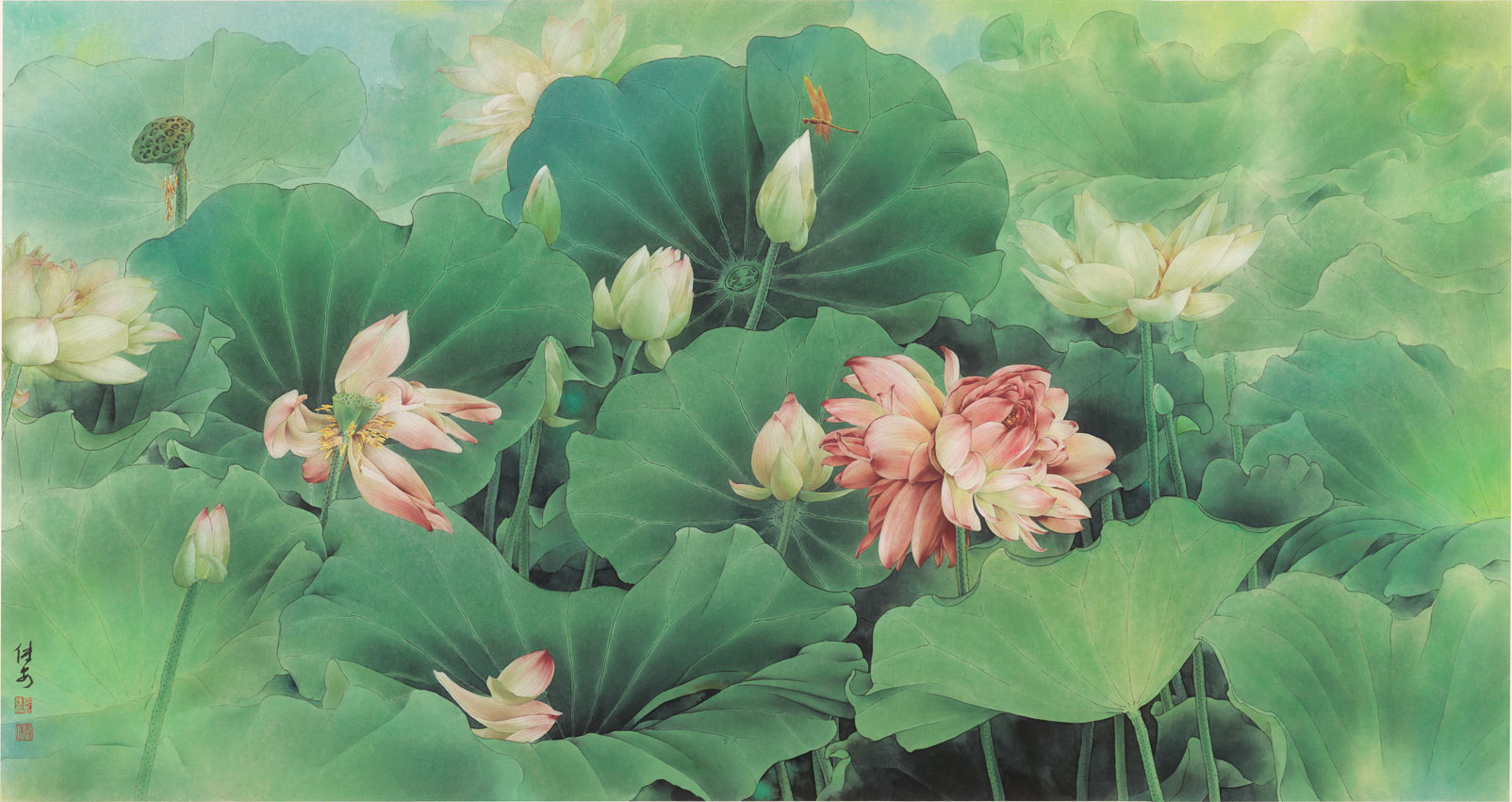 邹传安国画横幅荷花水墨画工笔画花鸟花鸟画画艺术微喷国画