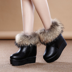 秋冬新款女鞋狐狸毛雪地靴女厚底内增高短靴坡跟高跟女靴保暖加绒