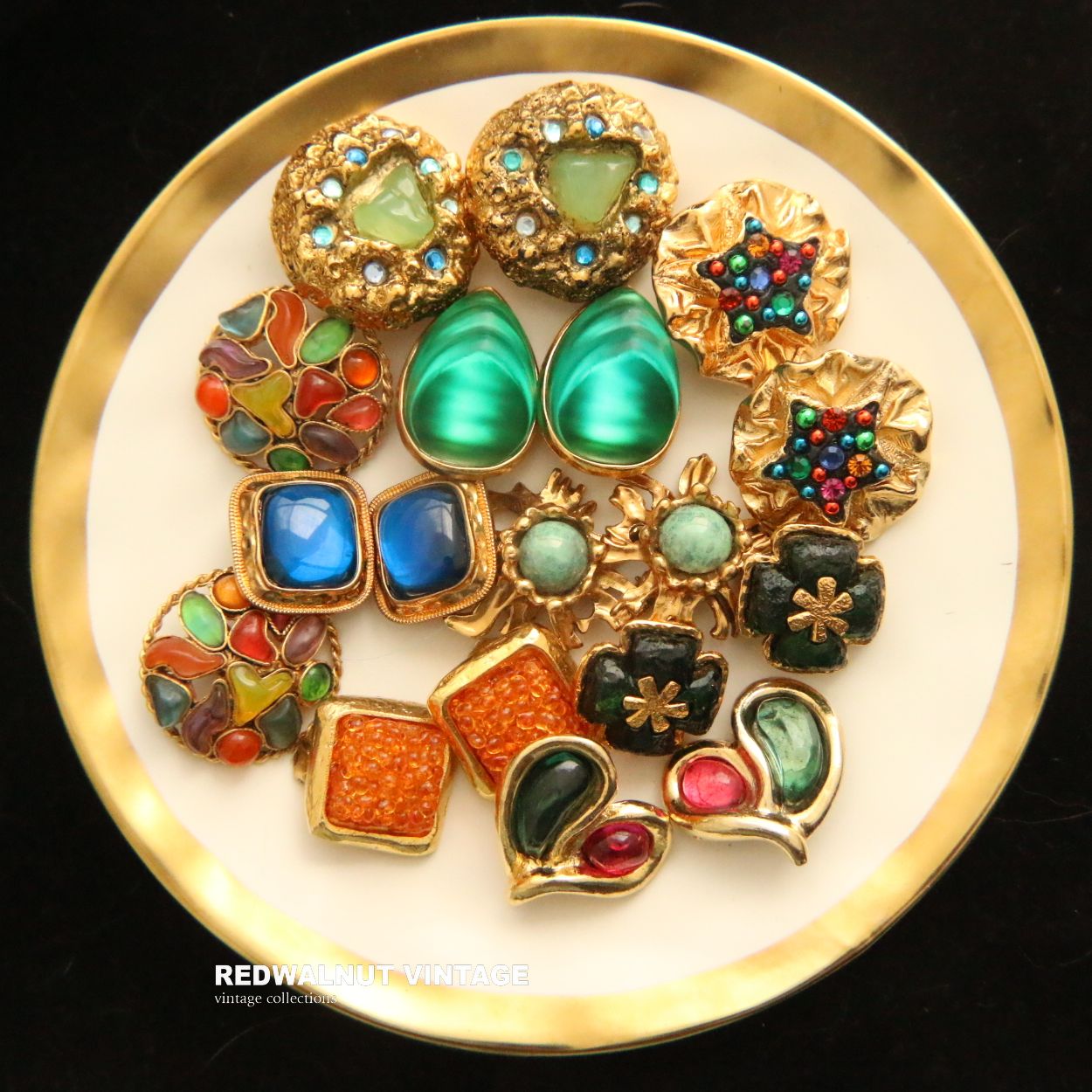 法国重工品牌彩宝果冻琉璃西洋古董vintage中古孤品耳夹中古首饰