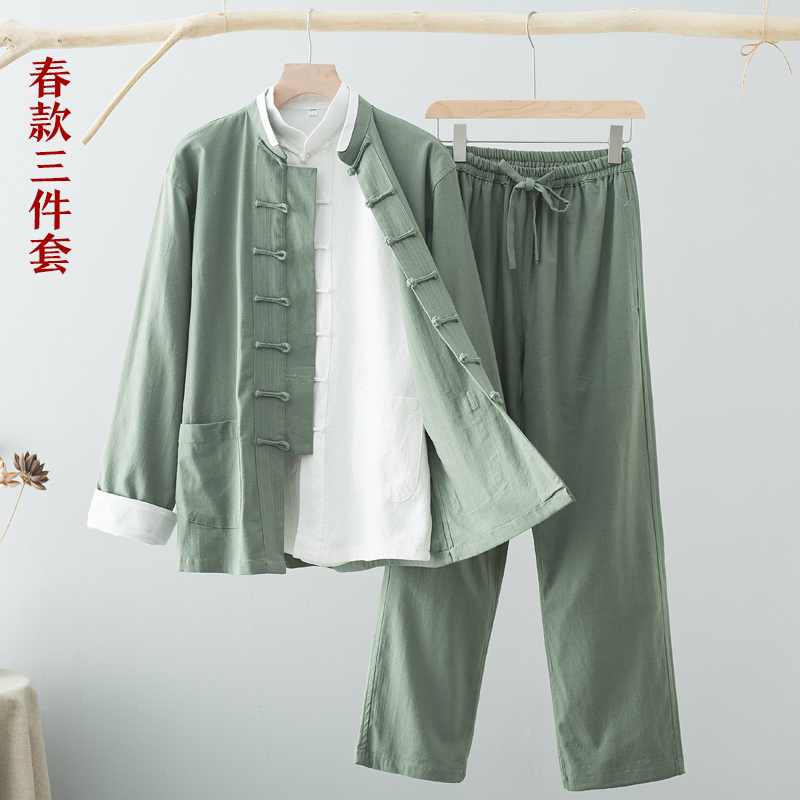 中国风唐装男长袖棉麻套装三件套中式