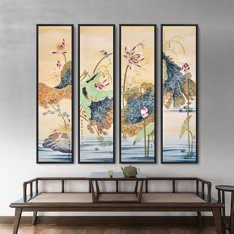 新中式荷花装饰画客厅沙发背景墙壁画禅意花鸟中国风大堂玄关挂画