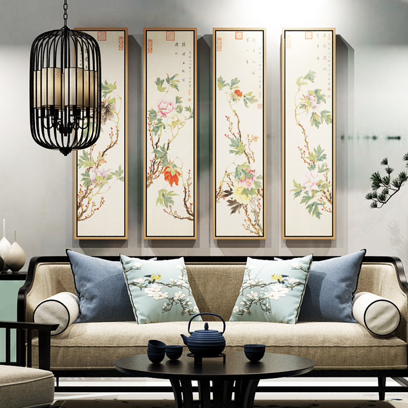 茶室装饰画客厅新中式工笔花鸟国画现代书房餐厅玄关画挂画中国风