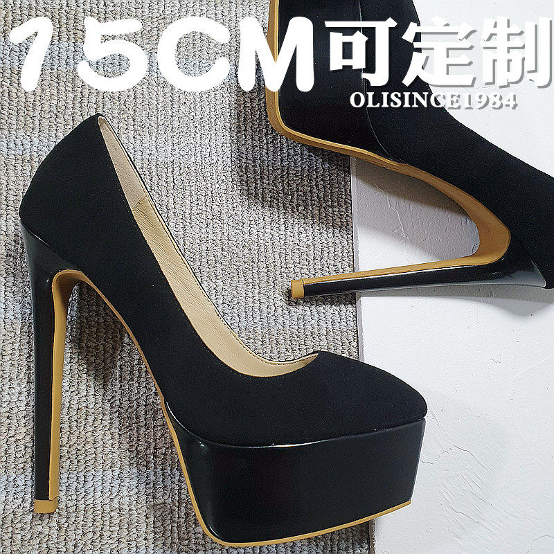 一折高防水台高跟鞋女厚底尖头_15cm防水台超高跟鞋真皮黑色裸色厚底