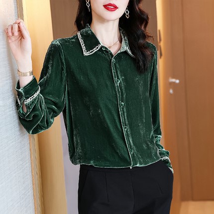 高端真丝绒上衣女桑蚕丝衬衫2021秋新款时尚洋气金丝绒长袖打底衫
