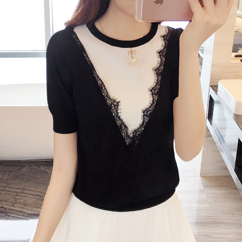 Short sleeved Lace shirt Borneol jacket 2020 Summer yards fat mm Easy knitting Primer t-shirtsin the Women's clothing/Boutique , Wool sweater category - from Buy2taobao.com to provide professional Taobao agent buy service