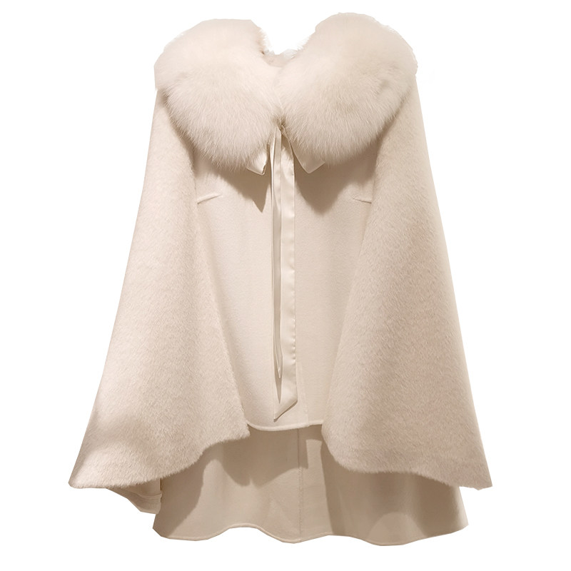 l狐狸毛领毛呢外套女斗篷外套女秋冬外套女斗篷呢子大衣女6401309