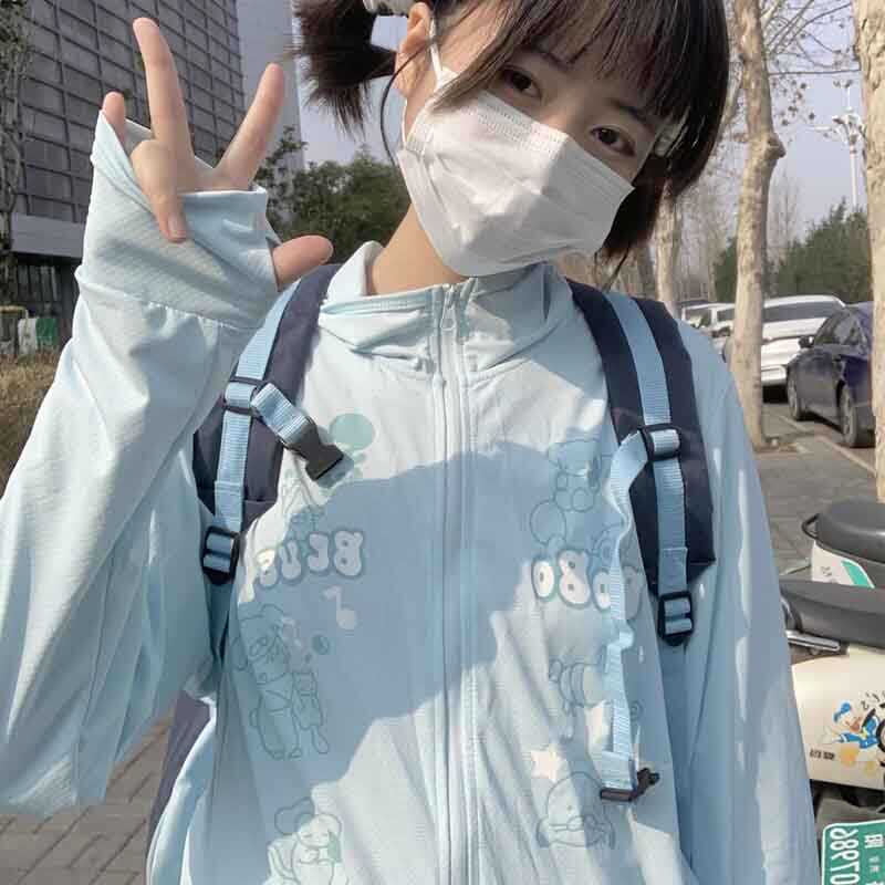 学院风甜美卡通可爱bobo蓝防晒衣女夏清凉感轻薄连帽防晒开衫外套