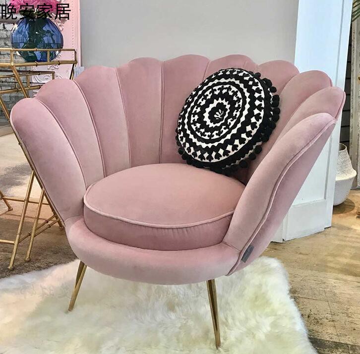 美式轻奢现代布艺单人沙发网红休闲椅北欧粉色客厅设计师丝绒沙发