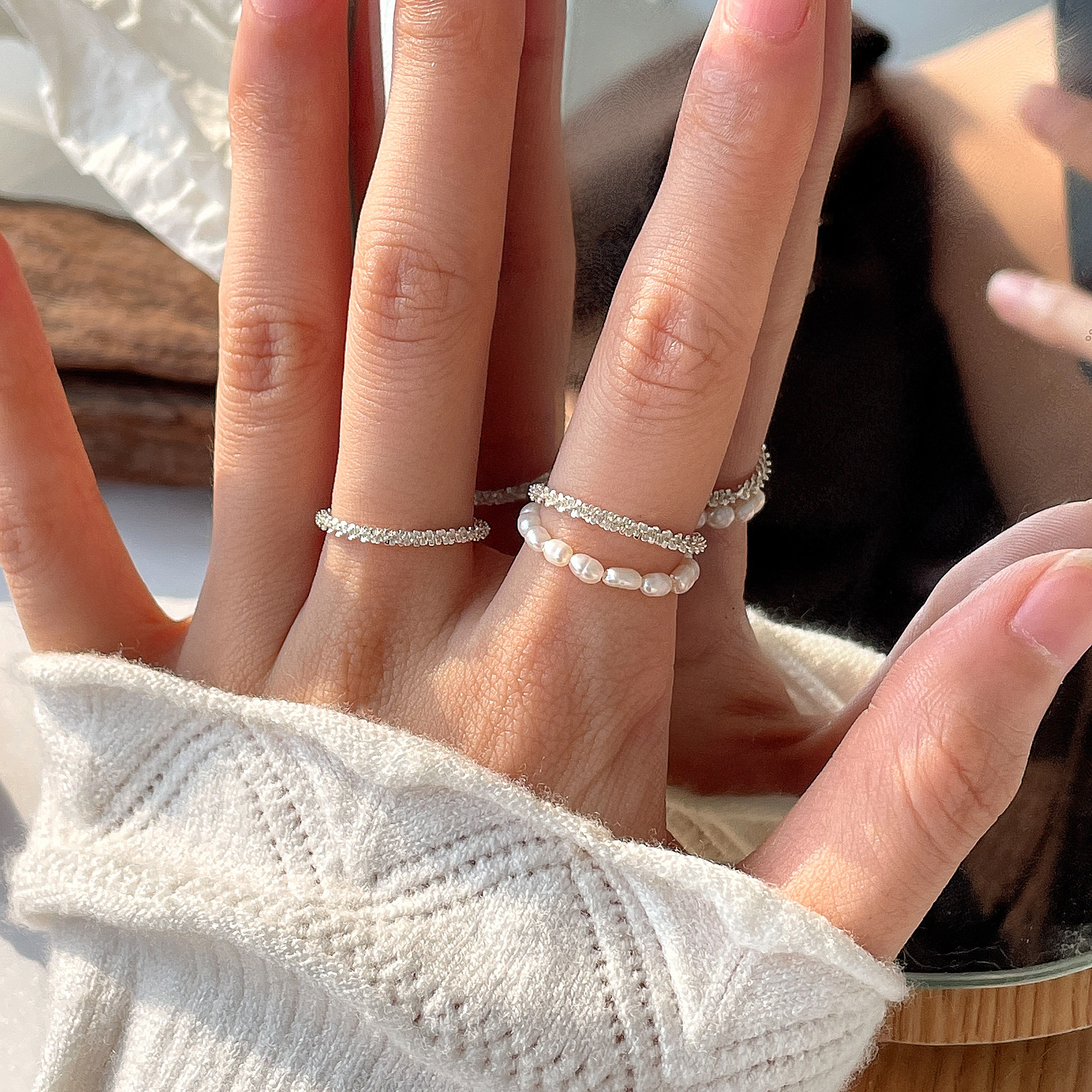 为晚 s925纯银闪光链珍珠素圈戒指女设计小众轻奢气质叠戴食指戒