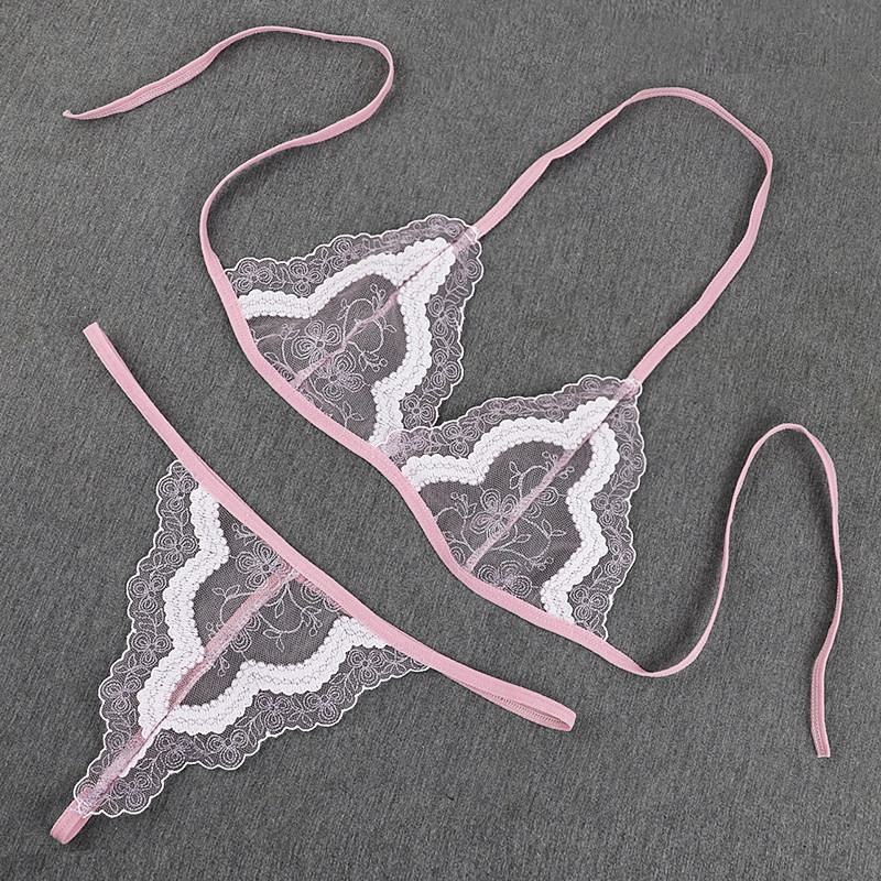 内衣女性惑透视三点式诱惑文胸丁字裤套装大码全透明蕾丝情趣胸罩