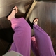 韩版阔腿裤子女薄款夏季新款粉紫色高腰纹理垂感松紧腰休闲长裤女
