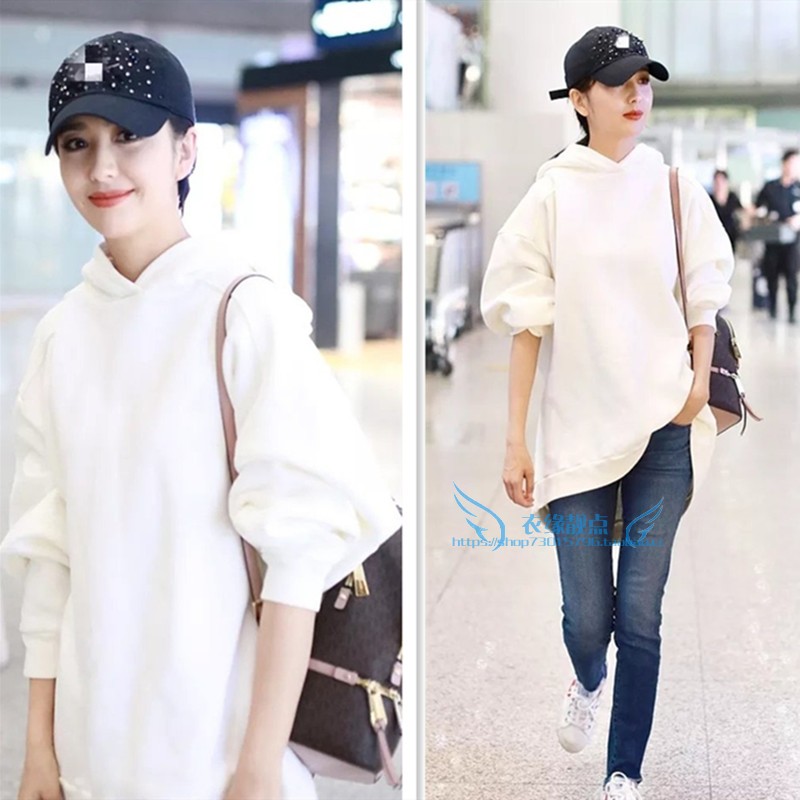 2020秋冬佟丽娅明星同款白色连帽加绒卫衣女中长款韩版宽松外套潮