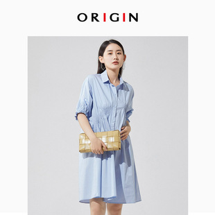 ORIGIN/安瑞井2023春夏大码淑女气质连衣裙女全棉褶皱及膝连衣裙