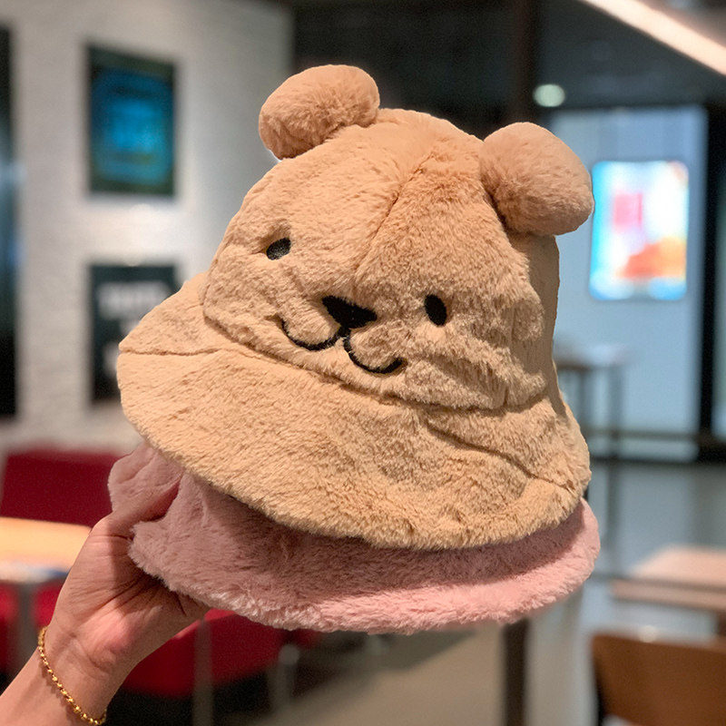 甜美可爱小熊耳朵渔夫帽子女日系软妹毛茸茸保暖盆帽百搭新款—帽子